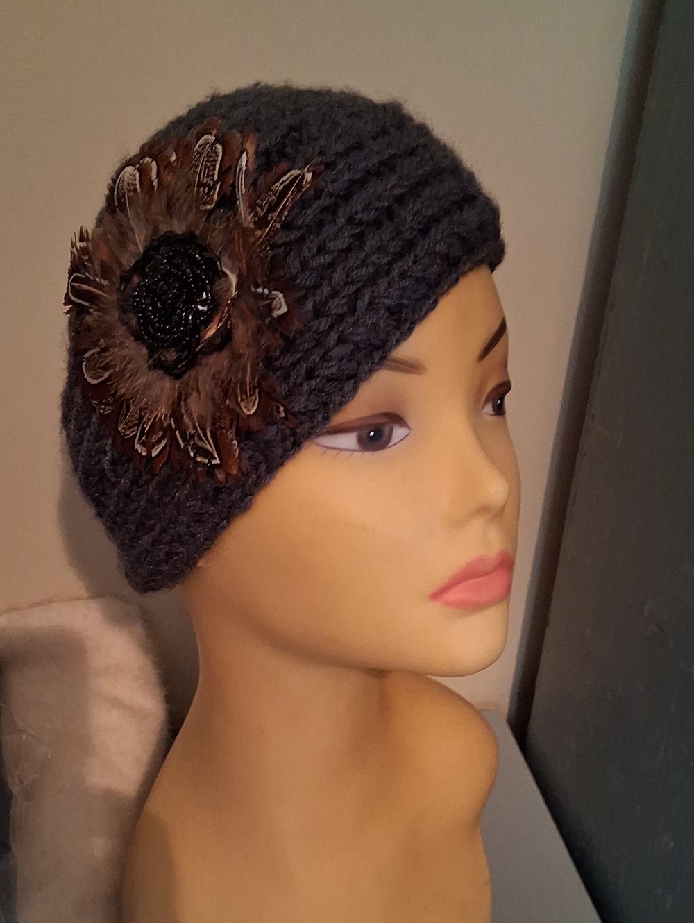 Chunky Knit Headband with Feather Flower Accent - Charcoal
